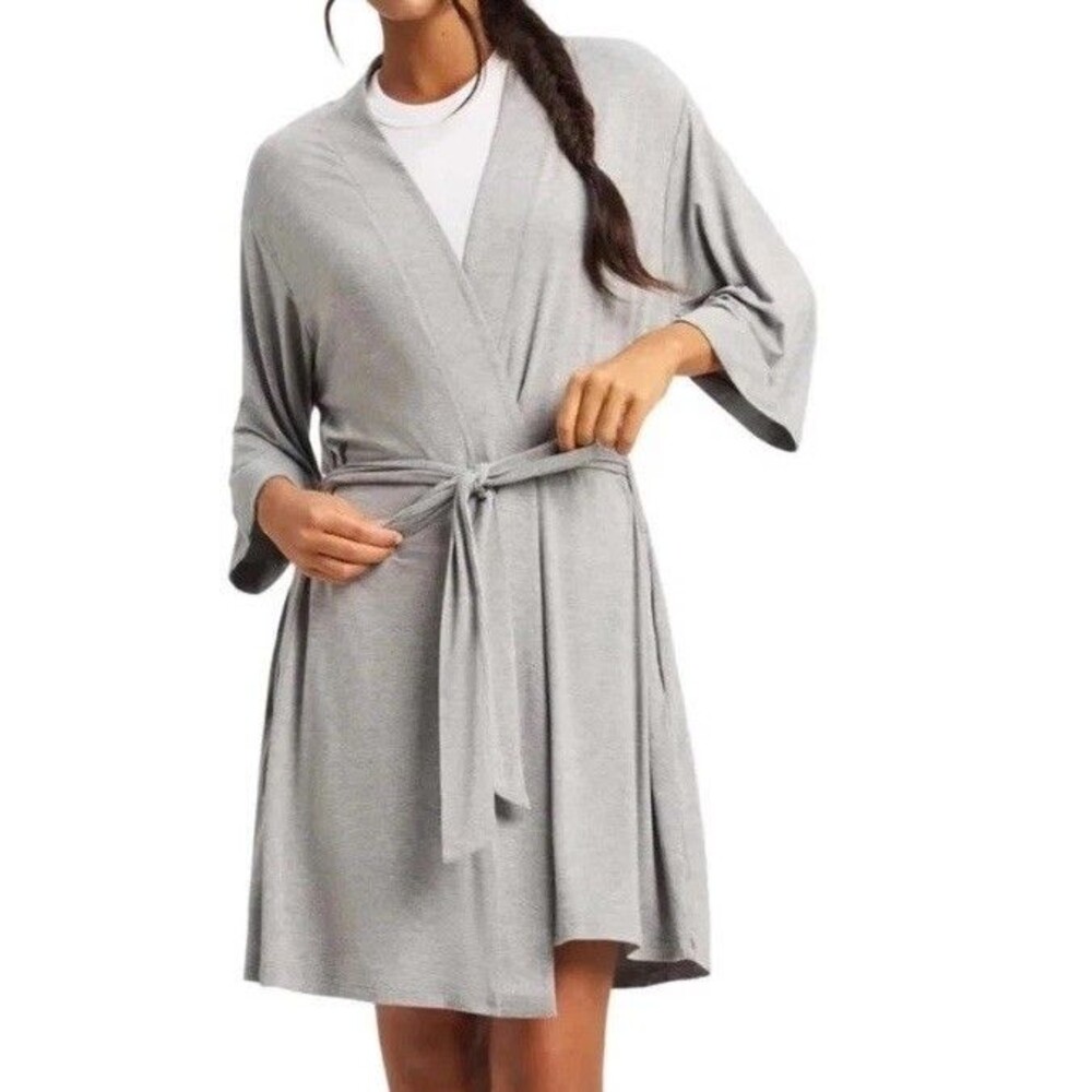 Cozy Earth Bamboo Stretch Knit Kimono Robe M Gray Quiet Luxury Lounge